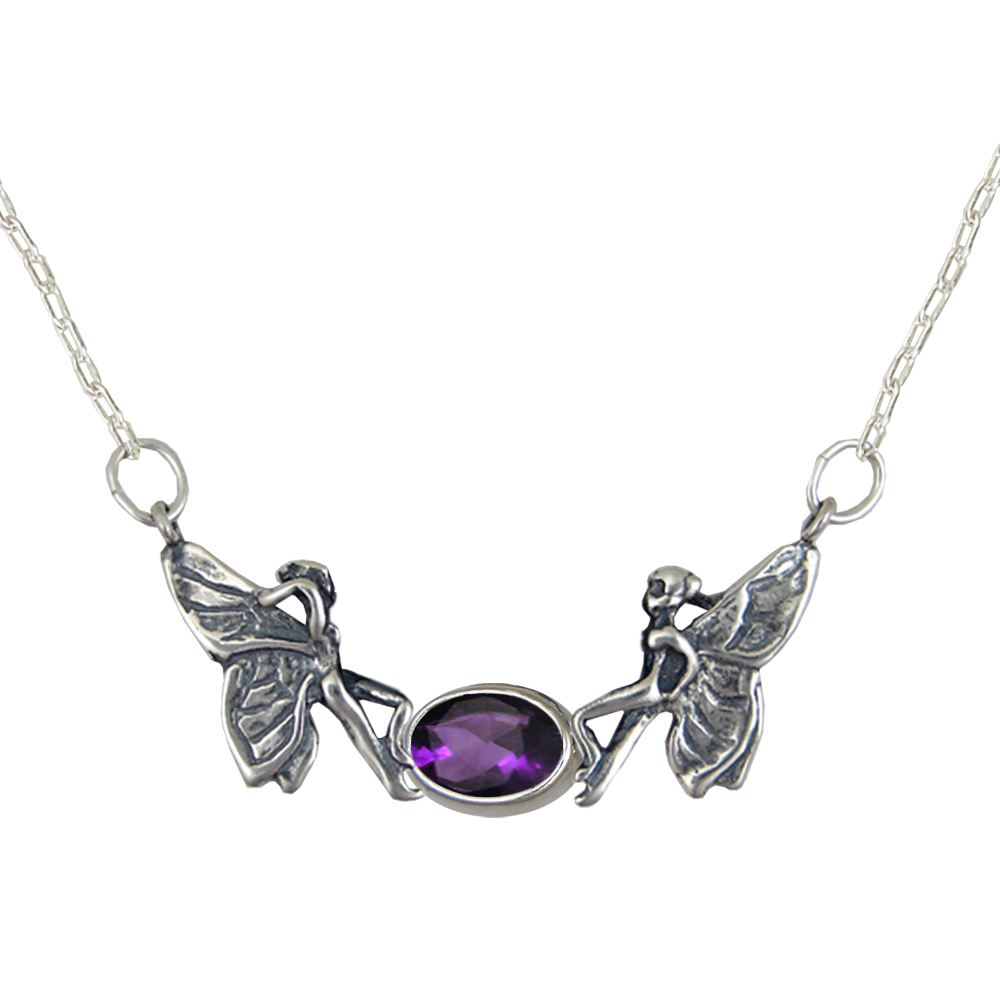 Sterling Silver Pair of Fairies Necklace With Amethyst